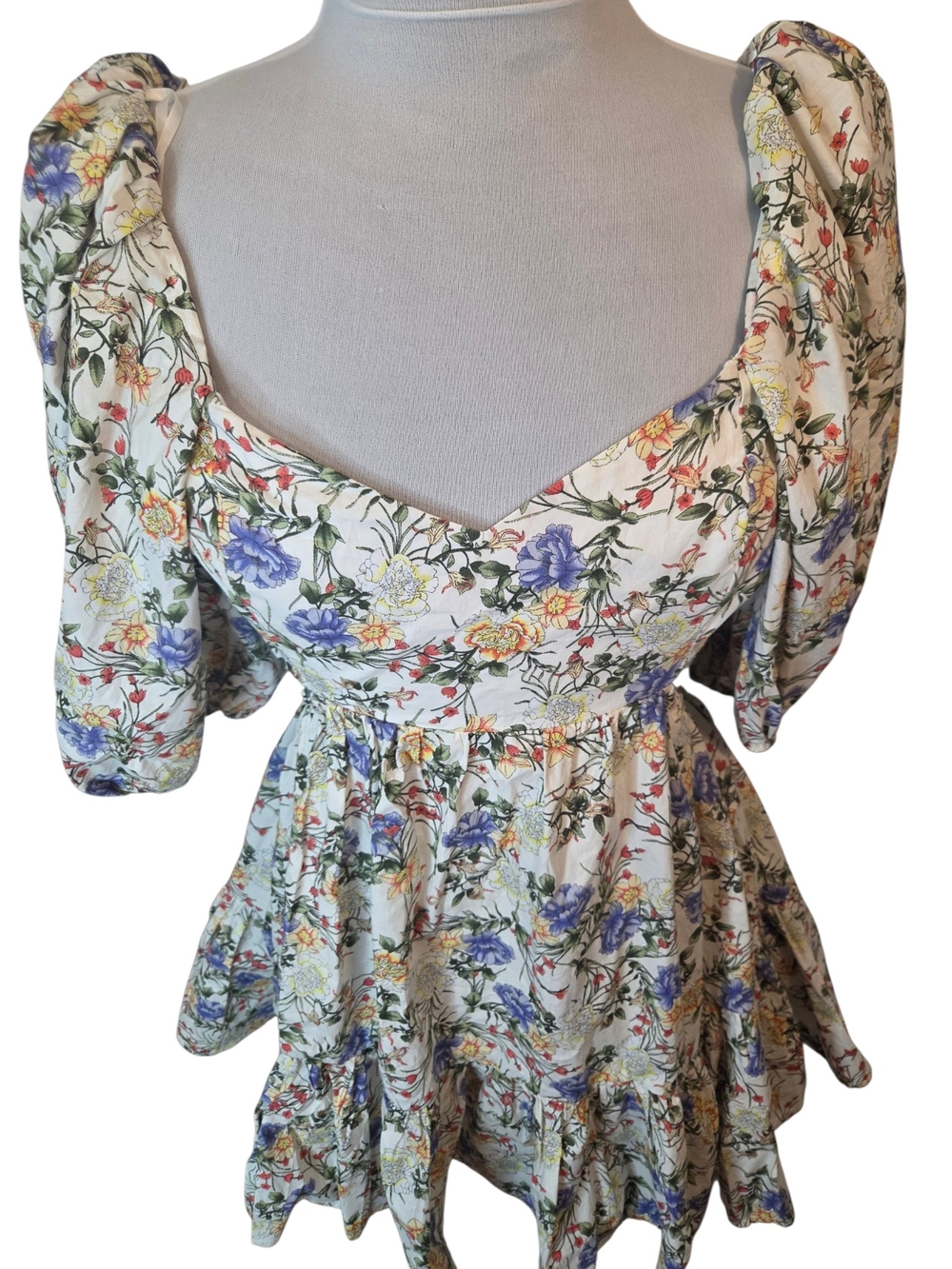 Harp & Finn Mable Floral Open Back Mini Dress W/Puff Sleeves & Ruffle Women's M - Picture 14 of 16